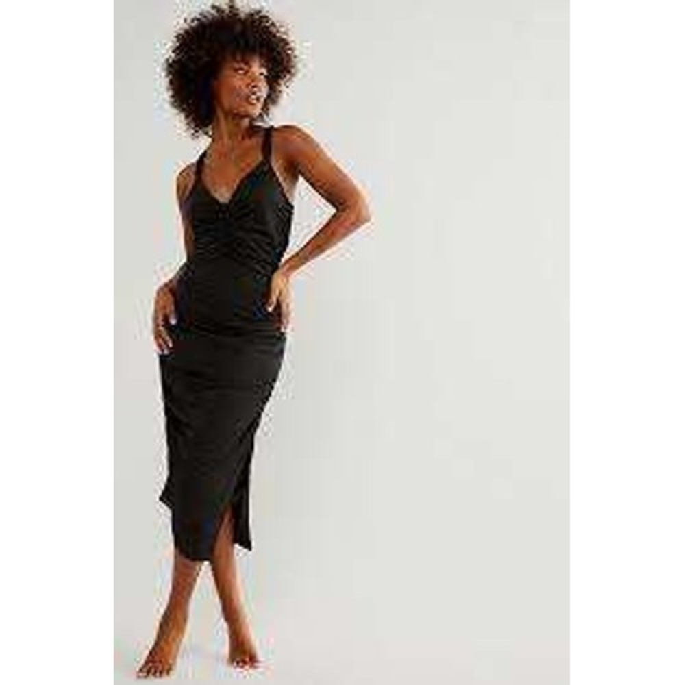Free People Intimately Ruched Midi Dress Black Spaghetti Strap V Neck